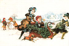 AK  Msnn zieht Schlitten m. Kind + Frau schiebt + Kinder bauen Schneemann