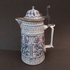 Seltene antike Weinkanne  mit Zinndeckel Blauer Vogeldekor Rauenstein