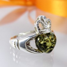 A-343 Claddagh Ring 925 Sterling Silber Schmuck mit Bernstein Grün