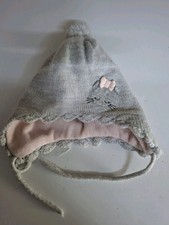 H&M Strickmütze m. Bommel Grau Rosa Glitter Gr. 74/80 Katze GUTER ZUSTAND