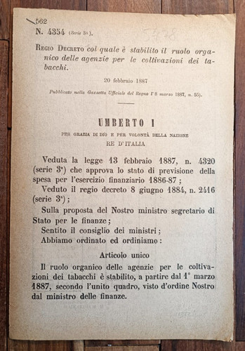 Italien 1887 regierungsdekret - 1887,