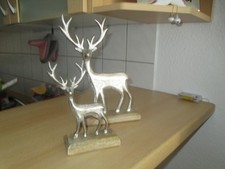 Weihnachtsfiguren 2 Hirsche Silber klein und Groß aus Metall und Holz Fuß