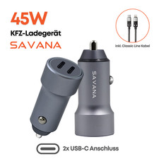 SAVANA Auto Schnell Ladegerät 45W Dual USB-C + 1.2m Kabel PD/QC FAST KFZ Charger
