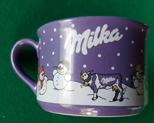 Sehr alte Milka-Tasse mit Wintermotiv, Schneemänner, Kühe lila, Werbetasse