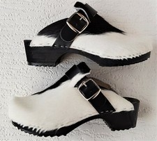 Schweden HOLZ CLOGS - Pantolette Gr.35 SCHWARZ, Echt Leder- Kuhfell 
