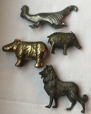 4 Antike Messing Metall Tierfiguren Hund Schwein