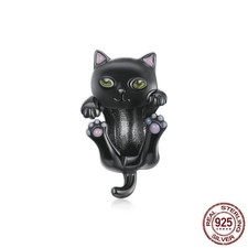 925 Sterling Silber Charm schwarze Katze Kätzchen Perle Tier Familie Freund Tochter