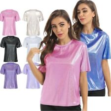 DE Damen Glitzer Oberteil Wetlook Kurzarm Unterhemd Top Tanzshirt T-Shirt