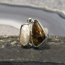 Pietersit Ring, 925er Silber, Edelsteinring (24230), mit Biwaperle und Mondstein