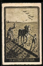 Ansichtskarte Bauer mit Pferdepflug bei der Feldarbeit, Vögel 