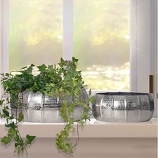 Pflanzgefäß 2er Set FineBuy Metall Schale Silber Blumentopf Rund Hammerschlag 