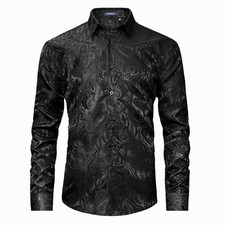 Schwarze Herren Seide Blumen Muster Hemd Langarm Paisley Satin Hemden Jacquar...