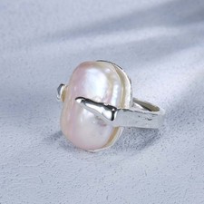 N09 extravaganter Ring rechteckige Barockperle Sterling Silber 925 verstellbar