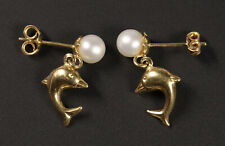 schöne 585er Gelbgold Ohrringe Delfin mit Perle