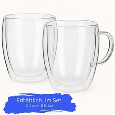 Doppelwandige Thermo Gläser  mit Henkel, Glas Becher 350ml, Kaffeetasse im Set