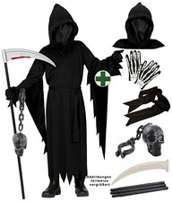 Sensenmann Kostüm Kinder Halloween mit unsichtbarer Maske Sense Totenkopf Kette