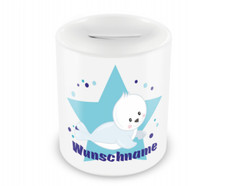Kinder Spardose mit Namen und Baby Robbe Sparschwein personalisierbar Baby