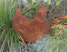 Metall Stecker Edelrost Hühner Henne rostige Gartendekoration 32x32cm