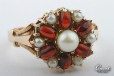 Ring Perle Granat 9K 375 Gelb Gold Perlenringe Granate Gr 56 Top! #