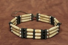 Knochen Halsband Choker, Natur-Schwarz-Silber,-Design, Leder Indianerschmuck