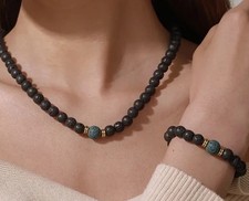 ✅ Halskette & Armband Set Lavastein Edelstein Perlen Lava Naturstein Damen Boho✅