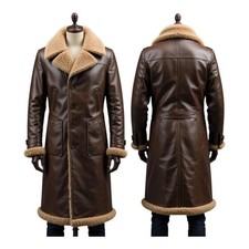 Herren Echt Lammfell Leder Bomberjacke Braun Doppelkragen Trenchcoat -