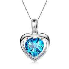 HALSKETTE 925 STERLING SILBER PLATTIERT HERZ KETTE BLAU ZIRKONIA DAMEN SCHMUCK