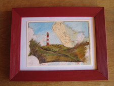 Kunstdruck von Ole West 1992, im Holzrahmen, Leuchtturm von Amrum