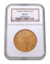 1908 $20 Saint Gaudens Gold Double Eagle Ohne Motto Bewertet Von NGC MS-63