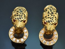 FRANKREICH UM 1965! SELTENE LEOPARDEN OHRRINGE EMAILLE DIAMANTEN