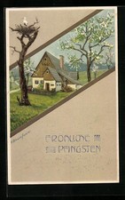 Haus mit Storchennest an Pfingsten, Ansichtskarte 