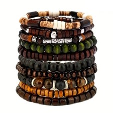 10er Armband-Set Holzperlen Naturfarben inkl. Naturstein-Armband Tigerauge Lava