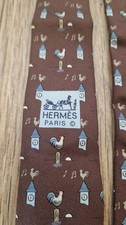 HERMES Krawatte 7871 UA Paris Vintage 100% Seide braun Hahn Turmuhr Wetterhahn