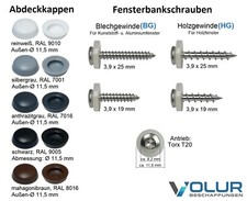 Fensterbankschrauben für Alu, Kunststoff, Holz + Abdeckkappen in RAL-Farben