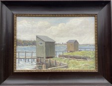 Impressionist Küstenlandschaft Hafen Anleger Bootsschuppen Maritimes Ölgemälde 