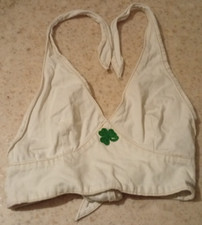 Jeans Neckholder Top, rückenfrei in Weiß mit Kleeblatt Motiv, Gr. M, Länge 46 cm