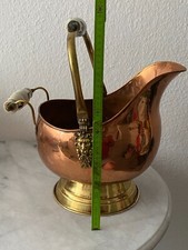 Antiker großer Kupferkohle Skuttle Eimer mit 2 Delfter Porzelangriffen