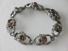 JUGENDSTIL 835 Silber ARMBAND 7 x GRANAT Cabochon massiv SUPER HANDARBEIT 34 gr