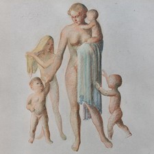 Frauenakt Familie Mutter mit Kindern italienisch signiert Postwar Aquarell 1951