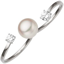 Damenring Zweifingerring 333 Weißgold 8 Karat weiße Süßwasserperle Zirkonia