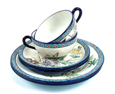 2 x 3-teiliges Gedeck Tasse Teller Longwy Frankreich Vögel Blumen E. 19. Jh.