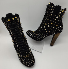 D&G Dolce & Gabbana ankle Boots Nieten Spikes Absatz schwarz Leder Schnürstiefel