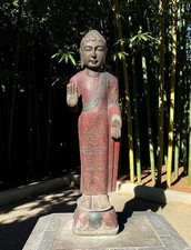 Garten Buddha Statue stehende Naturstein Skulptur Schutz Geste 120 cm groß