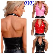 DE Freebily Damen Wetlook Weste Sexy Tank Top Neckholder PU Leder Kurz Crop Tops