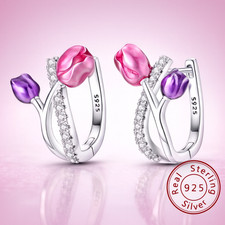 925 Sterling Silber Tulpen Ohrringe – Pink & Lila Blume Creolen Zirkonia Damen