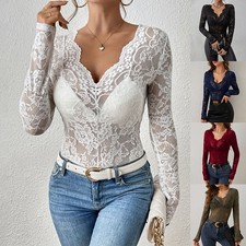 Sexy Damen Spitzen Blusen Langarmshirt Oberteil Shirts Transparent Hemd Tunika