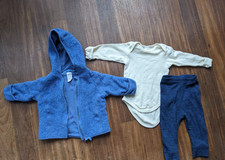 hess natur Wolljacke 100% Schurwolle blau 62/68 + Woll-Strampler + Woll-Leggings