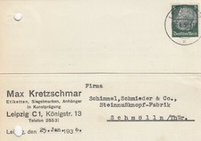 LEIPZIG, Postkarte 1936, Max Kretzschmar Etiketten Siegelmarken