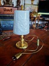 Porzellan Tischlampe mit Lithophanie Plaue Messing Vintage