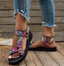 FLACHE SANDALEN GRÖSSE 39 GUMMISOHLE INDOOR OUTDOOR STRANDSCHUHE TEXTILRIEMCHEN